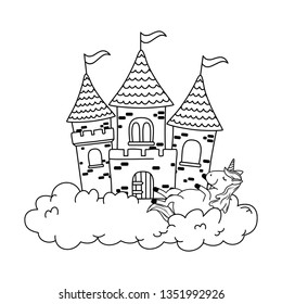 cute fairytale unicorn with castle in the clouds
