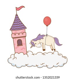 cute fairytale unicorn with castle in the clouds