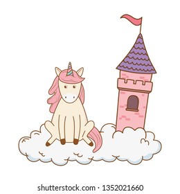 cute fairytale unicorn with castle in the clouds