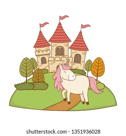 cute fairytale unicorn with castle in the landscape