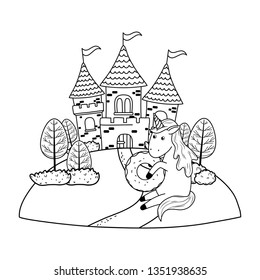 cute fairytale unicorn with castle in the landscape