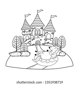 cute fairytale unicorn with castle in the landscape