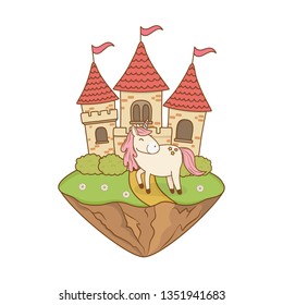 cute fairytale unicorn with castle in the landscape