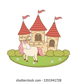 cute fairytale unicorn with castle in the landscape