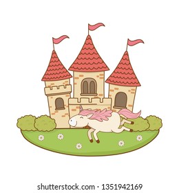 cute fairytale unicorn with castle in the landscape