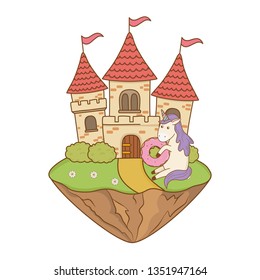 cute fairytale unicorn with castle in the landscape