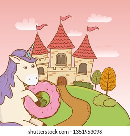 cute fairytale unicorn with castle in the landscape