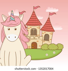 cute fairytale unicorn with castle in the landscape