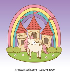 cute fairytale unicorn with castle and rainbow