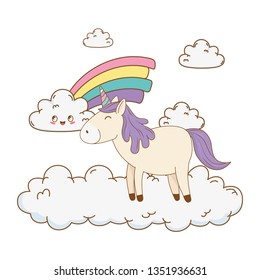 cute fairytale unicorn in clouds with rainbow