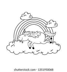 cute fairytale unicorn in clouds with rainbow