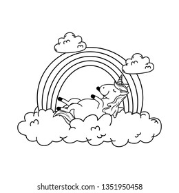 cute fairytale unicorn in clouds with rainbow