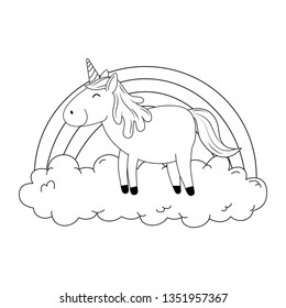 cute fairytale unicorn in clouds with rainbow