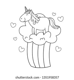 cute fairytale unicorn in clouds with rainbow