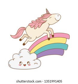 cute fairytale unicorn in clouds with rainbow