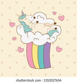 cute fairytale unicorn in clouds with rainbow