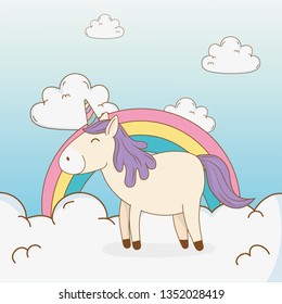 cute fairytale unicorn in clouds with rainbow