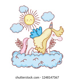 cute fairytale unicorn with clouds and sun