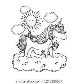 cute fairytale unicorn with clouds and sun
