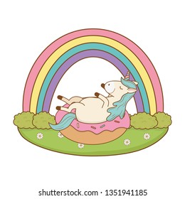 cute fairytale unicorn in donut with rainbow