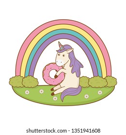 cute fairytale unicorn in donut with rainbow