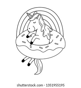 cute fairytale unicorn in donut with rainbow