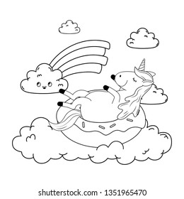 cute fairytale unicorn in donut with rainbow