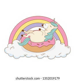 cute fairytale unicorn in donut with rainbow