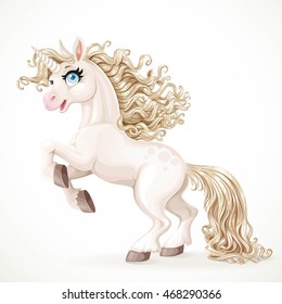 Cute fairytale unicorn with golden mane rearing up isolated on a white background