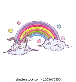 cute fairytale unicorn with rainbow and clouds