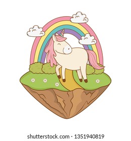 cute fairytale unicorn with rainbow in the field