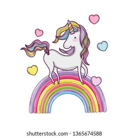 cute fairytale unicorn with rainbow and hearts