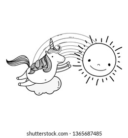 cute fairytale unicorn with rainbow and sun