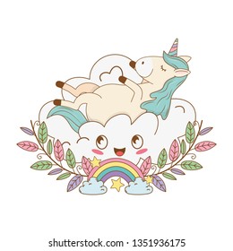 cute fairytale unicorn in wreath with rainbow