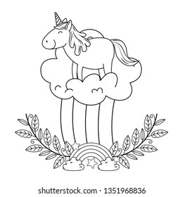cute fairytale unicorn in wreath with rainbow