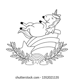 cute fairytale unicorn in wreath with rainbow