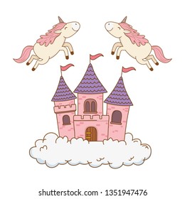 Cute Fairytale Unicorns With Castle In The Clouds