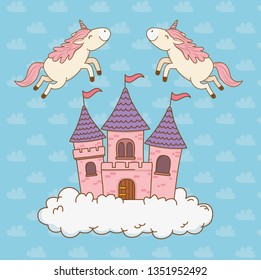 cute fairytale unicorns with castle in the clouds