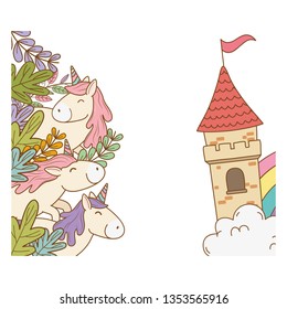 cute fairytale unicorns with floral decoration and castle
