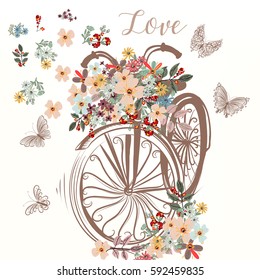 Cute fake hand drawn bicycle with bunch of spring flowers