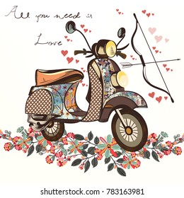 Cute fake hand drawn bike with bunch of spring flowers. Valentine's day card