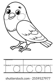 Cute Falcon Coloring Page for Kids – A fun and engaging black-and-white illustration featuring an adorable falcon, perfect for children’s coloring activities and educational use.
