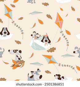 Cute fall autumn pattern with cartoon kids dogs playing in leaves, pastel colors retro style