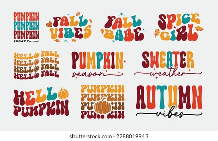 Cute Fall Otoño Colección De Citas De Calabaza Set Retro Wavy Groovy Paquete De Sublimación De Arte Tipográfico