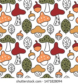 cute fall autumn seamless vector pattern background illustration with colorful mushrooms, acorns and leaves