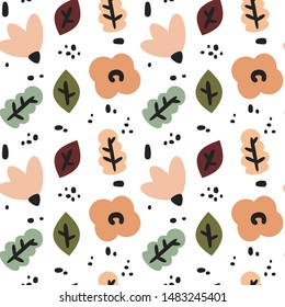 cute fall autumn seamless vector pattern background illustration with abstract elements, flowers and leaves 