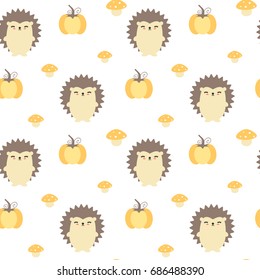 cute fall autumn seamless vector pattern background illustration with hedgehogs, pumpkins and mushrooms