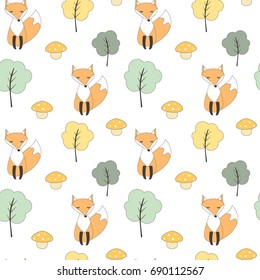 cute fall autumn seamless vector pattern background illustration with fox, trees and mushrooms