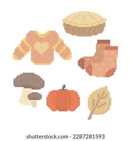 Cute Fall Autumn Season Doodle in Pixel Art Illustration