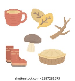 Cute Fall Autumn Season Doodle in Pixel Art Illustration